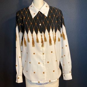 Vintage 80s Black, Gold, and White button up blouse - Size M Elegancia